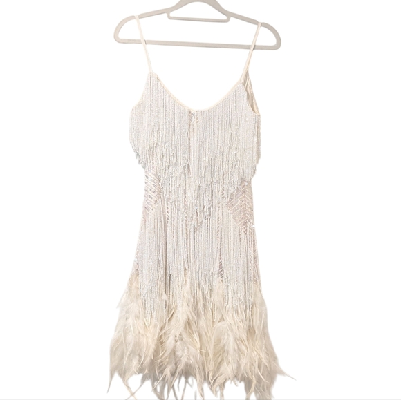 Nadine Merabi Lottie White Beaded Feather Fringe Mini Dress Size S/M/6 - Picture 9 of 16
